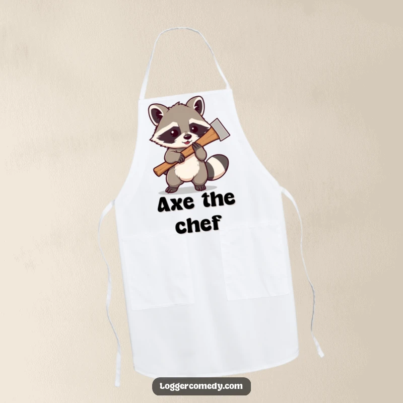 Funny Kawaii raccoon playfully swinging a large axe, featured on a durable apron, making cooking tasks a fun and playfully mischievous affair.