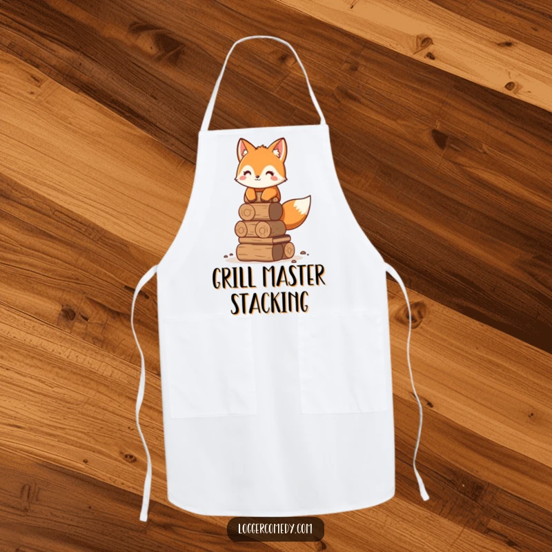 Funny adorable fox apron, humorously stacking logs neatly, perfect for adding organized and funny charm to the kitchen.