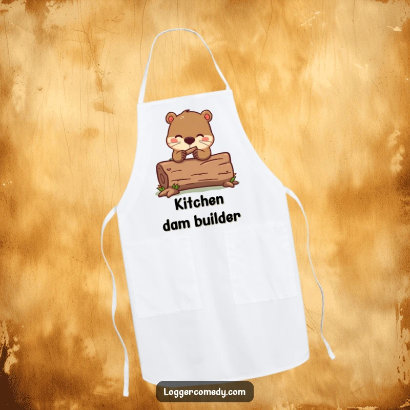 Funny kawaii beaver apron, humorously gnawing on a log, perfect for adding industrious and funny charm to the kitchen.
