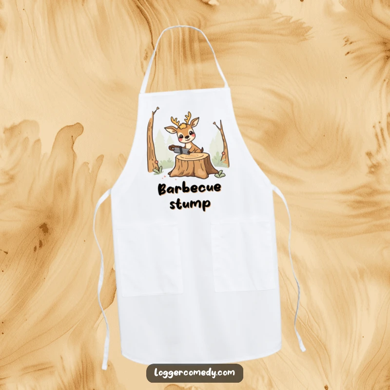 Funny smiling deer apron, humorously using a saw on a stump, adding a touch of industrious and funny charm to the kitchen.
