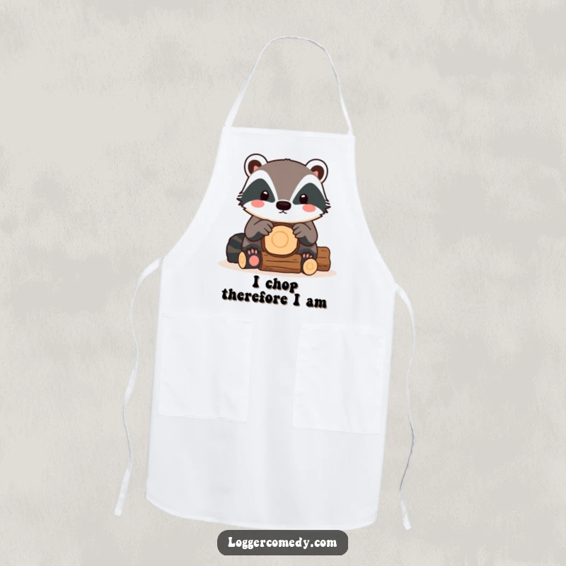 Funny Kawaii Badger Apron showing a cute badger busy stacking logs, perfect for protecting clothes during culinary activities.