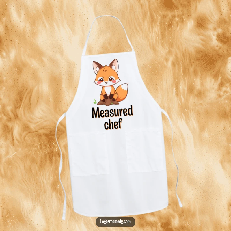 Funny Kawaii fox with a determined look measuring a tree trunk, featured on a durable apron, making kitchen tasks a precise and fun affair.