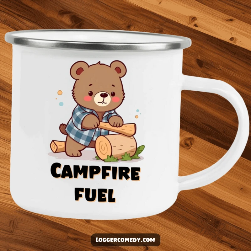 Funny Kawaii bear in a flannel shirt humorously chopping a small log, on a sturdy camping mug, perfect for outdoor excursions and hearty laughs.