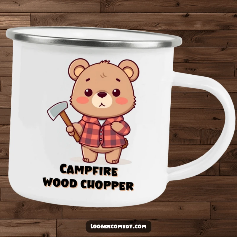 Funny plaid bear camping mug, humorously holding an axe, designed for rugged adventures and a good laugh around the campfire.