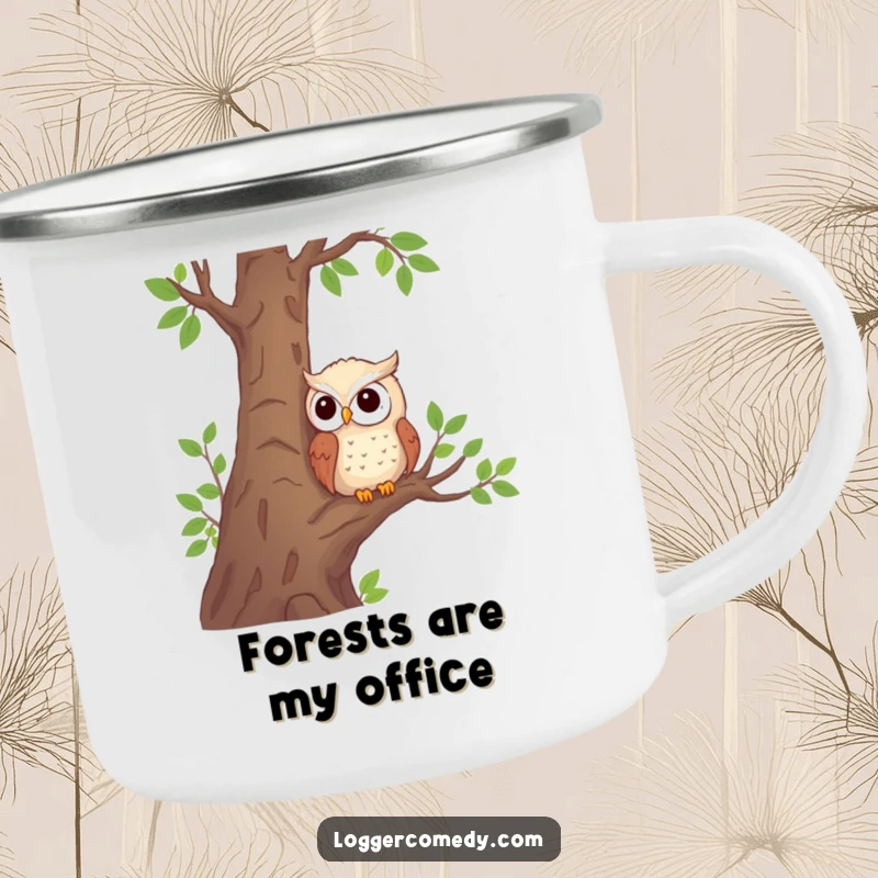 Funny shy owl camping mug featuring a shy owl observing from a tree, ideal for enjoying drinks in the wild.