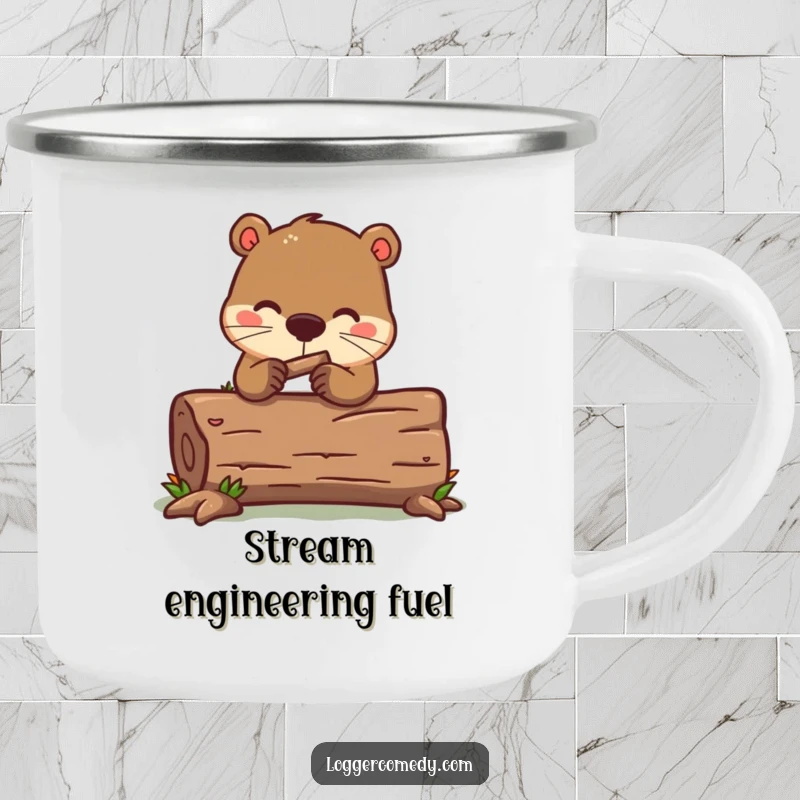 Funny kawaii beaver camping mug, humorously gnawing on a log, perfect for outdoor adventures and a touch of funny charm.