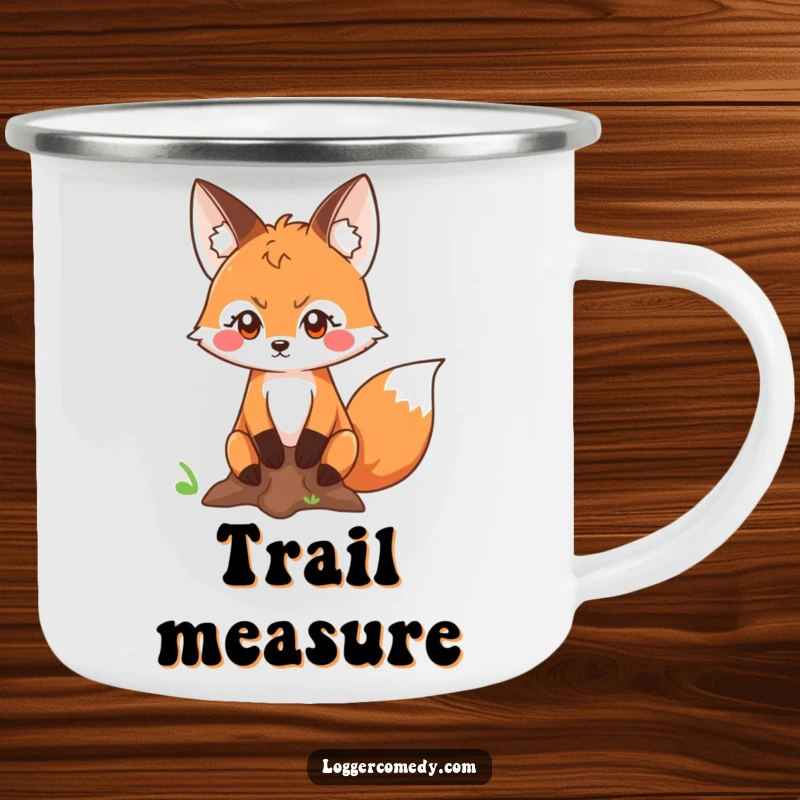 Funny Kawaii fox with a determined look measuring a tree trunk, on a sturdy camping mug, perfect for outdoor explorers and meticulous planners.