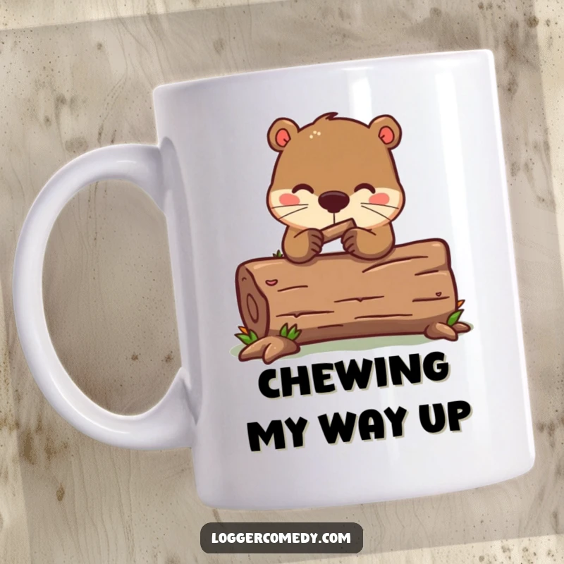 Funny kawaii beaver mug, humorously gnawing on a log, embodying industriousness with a cute and funny demeanor.