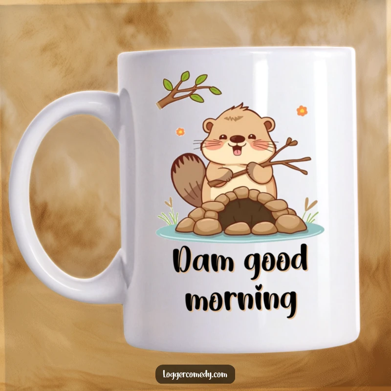 Funny Kawaii beaver enthusiastically building a small dam with twigs, captured on a mug, celebrating hard work with a touch of humor.