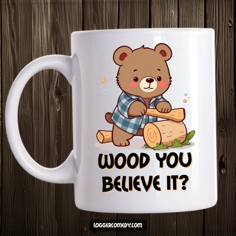 Funny Kawaii bear in a flannel shirt humorously chopping a small log, depicted on a mug, bringing rustic charm and humor to your beverage.