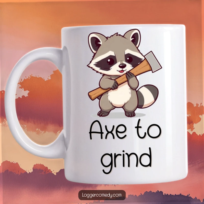 Funny Kawaii raccoon playfully swinging a large axe, captured on a mug, bringing a touch of wild humor and unexpected fun.