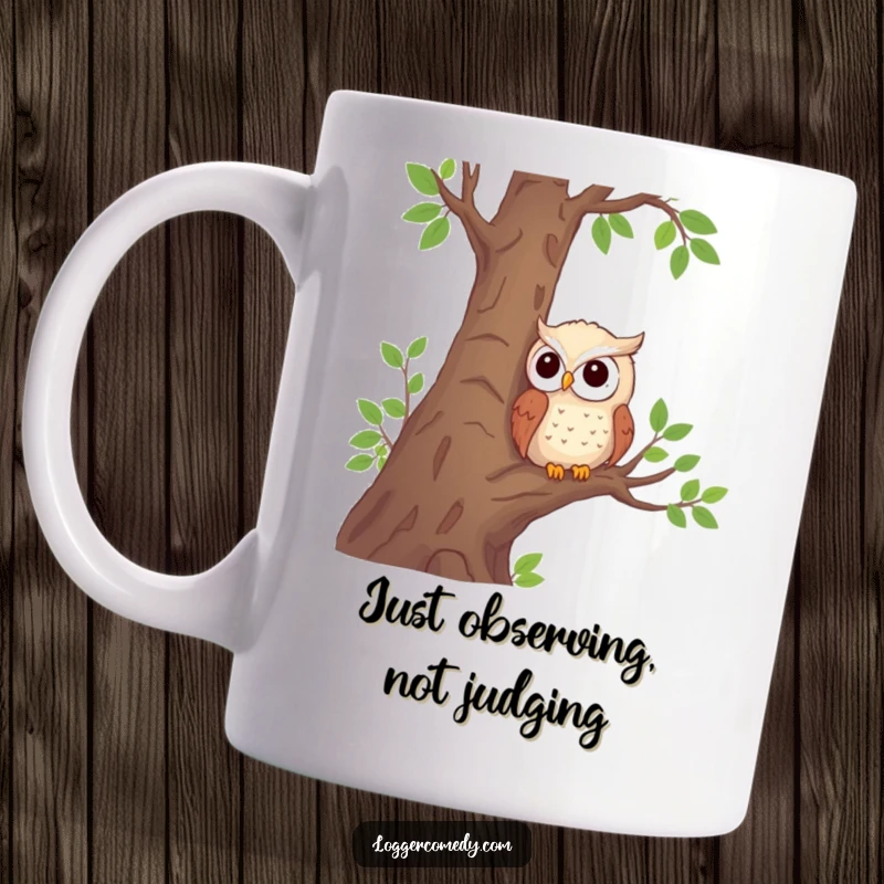 Funny owl mug with a shy owl character peeking from a tree near wooden logs, embodying quiet curiosity and woodland charm.