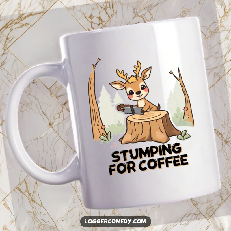 Funny smiling deer mug, humorously using a saw on a tree stump, embodying a cheerful and industrious woodland vibe.