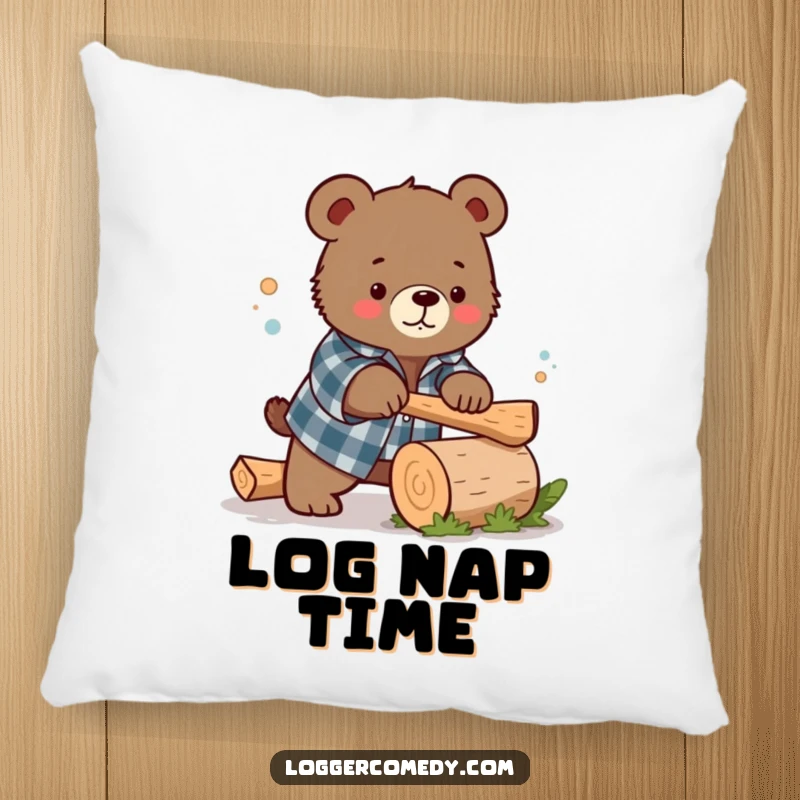 Funny Kawaii bear, dressed in flannel, humorously chopping a small log, depicted on a soft pillow, offering comfort and a touch of woodland humor.