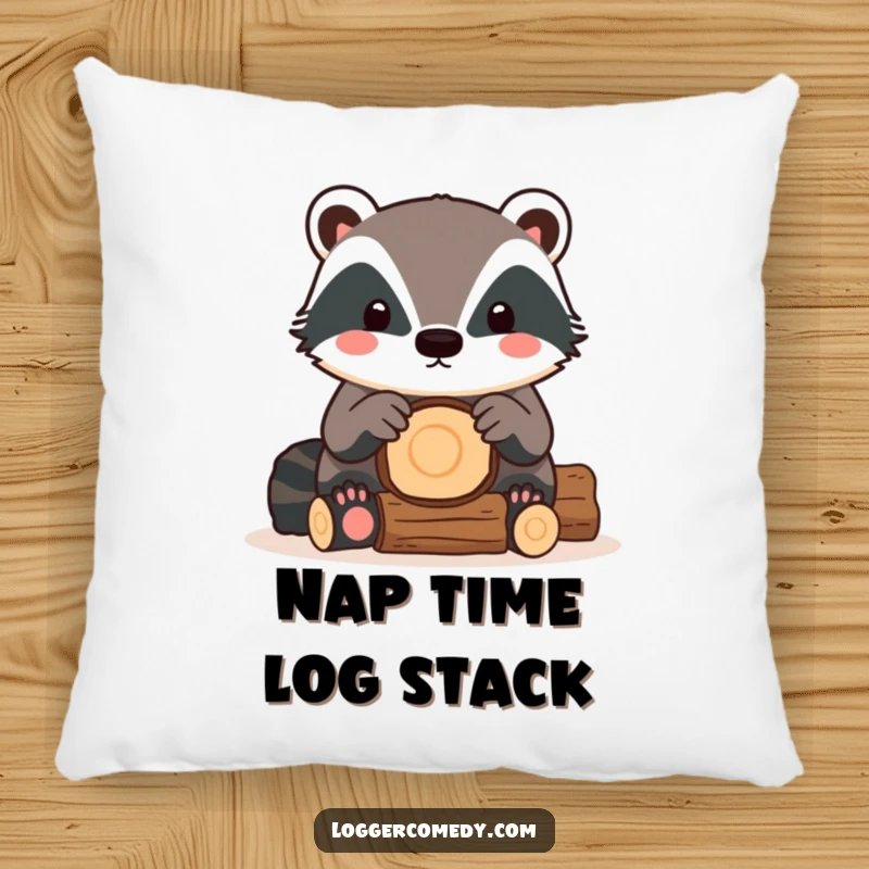 Funny Kawaii Badger Pillow featuring a soft, cuddly badger meticulously stacking logs, offering comfort and cute decor.