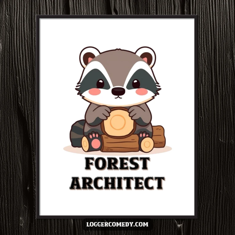 Funny Kawaii Badger Digital Art Print showing a cute badger stacking logs, ready to be downloaded and displayed.