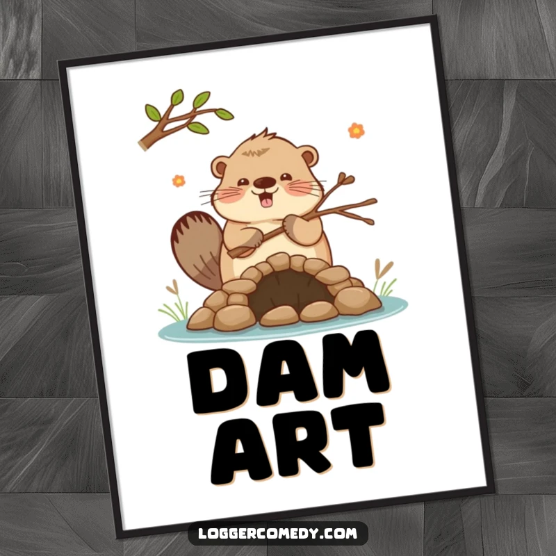 Funny Kawaii beaver enthusiastically building a small dam with twigs, a digital art print full of industrious spirit and adorable humor.