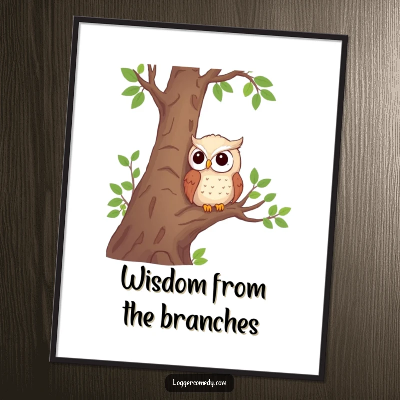 Funny shy owl digital art print showing a shy owl observing from a tree, perfect for instant, humorous home decoration.