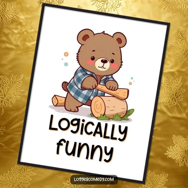 Funny Kawaii bear wearing a flannel shirt, humorously chopping a small log, a digital art print that brings rustic charm and a smile.