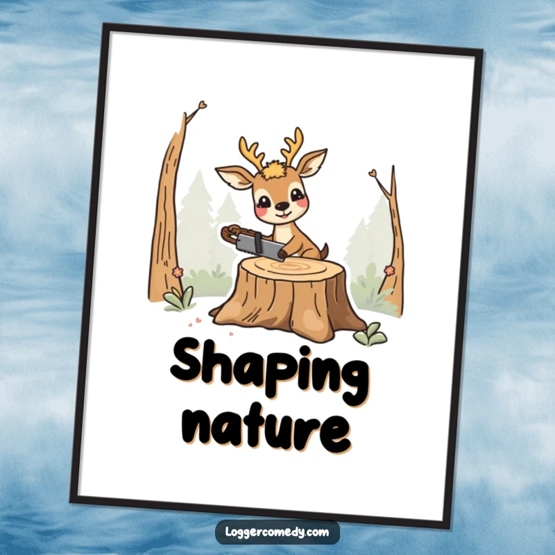 Funny smiling deer digital art print, humorously sawing a stump, a charming and funny piece for instant woodland decor.
