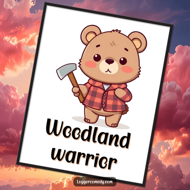 Funny plaid bear digital art print, humorously holding an axe, bringing rustic charm and a funny woodland theme to any room.