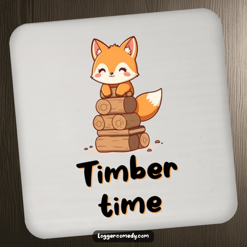 Funny adorable fox drink coaster, humorously stacking logs neatly, providing charming and funny surface protection.