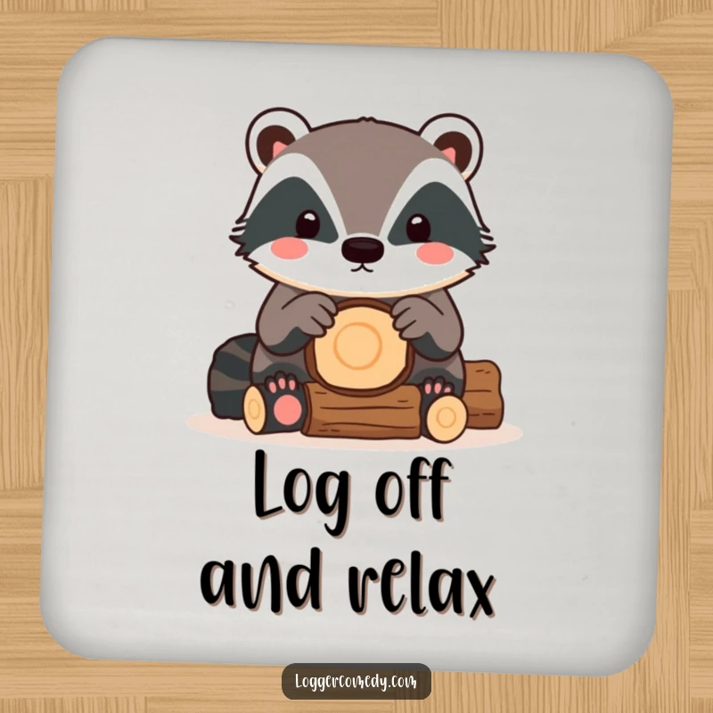 Funny Kawaii Badger Drink Coaster featuring a cute badger carefully stacking logs, protecting surfaces with adorable woodland charm.