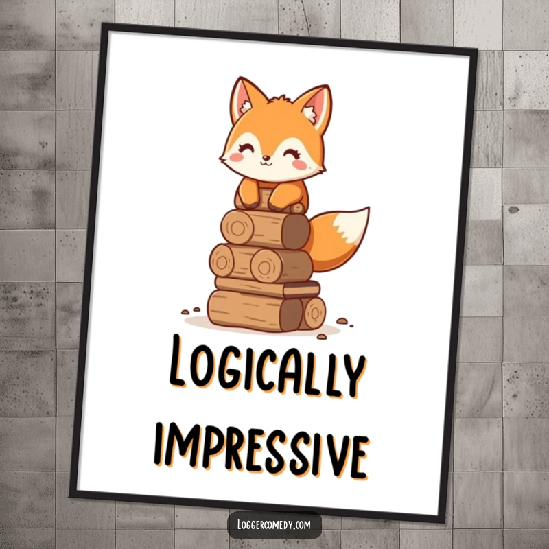 Funny adorable fox poster, humorously stacking logs neatly, creating a clever and funny piece of wall art.