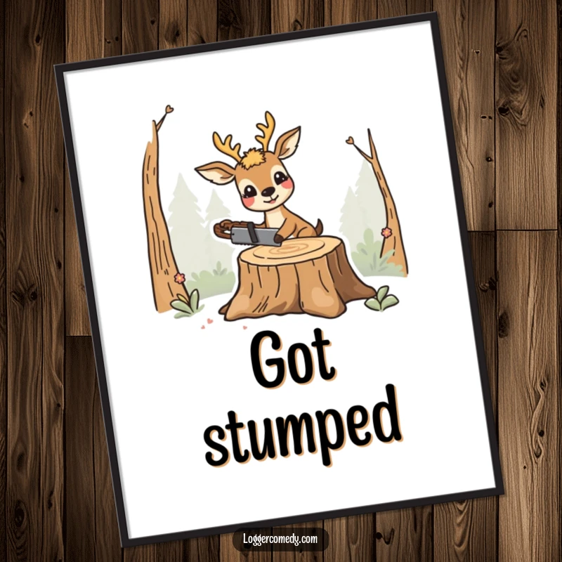 Funny smiling deer poster, humorously sawing a tree stump, creating a quirky and funny piece of wall art.