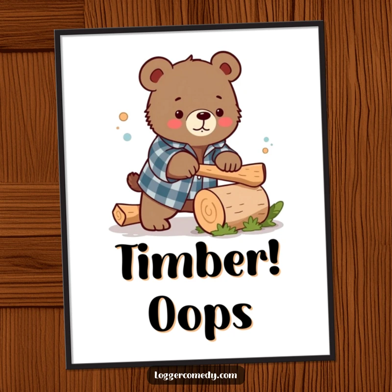 Funny Kawaii bear wearing a flannel shirt, humorously chopping a small log, presented as a charming poster, adding visual humor to any room.