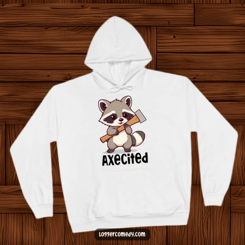 Funny Kawaii raccoon playfully swinging a large axe, featured on a soft hoodie, embodying playful energy and a humorous spirit.