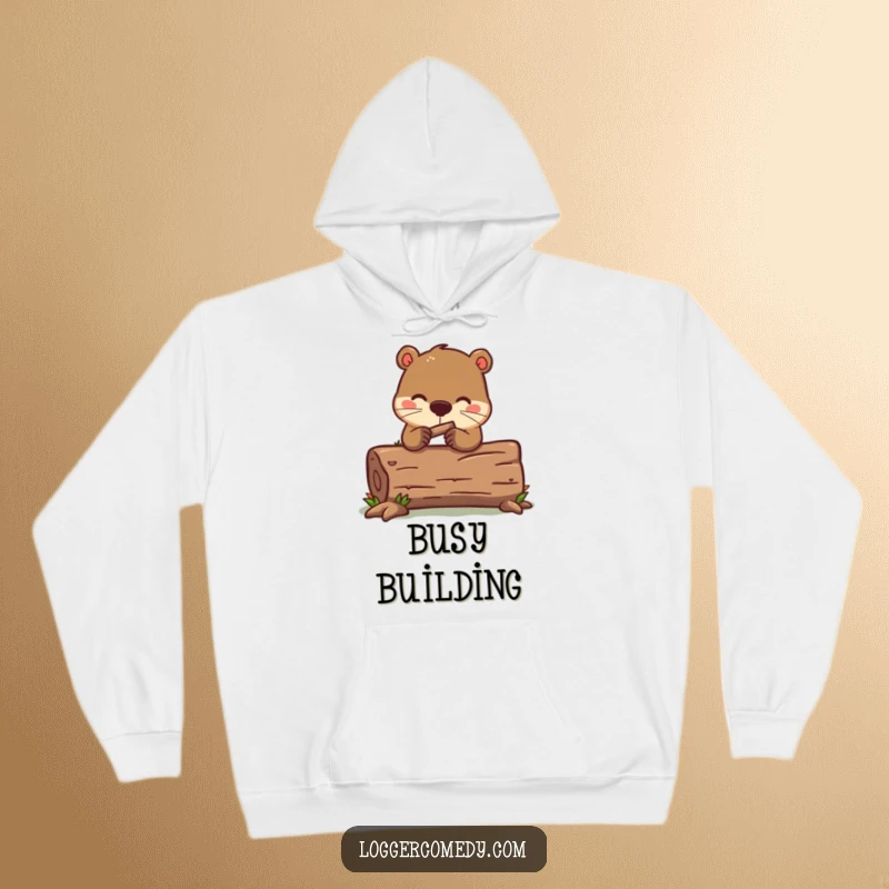 Funny kawaii beaver hoodie, humorously gnawing on a log, providing cozy comfort and a touch of industrious humor.
