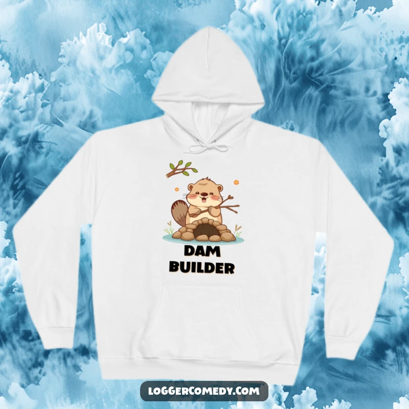 Funny Kawaii beaver enthusiastically building a small dam with twigs, featured on a comfortable hoodie, perfect for builders and humor enthusiasts.