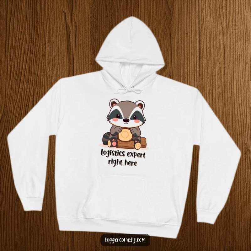 Funny Kawaii Badger Hoodie showcasing a delightful badger busy stacking logs, offering warmth and adorable woodland charm.
