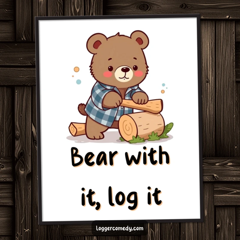 Funny Free Printable Wall Art: Kawaii bear in flannel shirt humorously chopping a small log, exuding rustic charm.