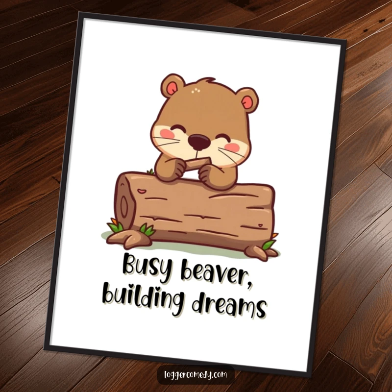 Funny free printable wall art: Kawaii beaver enthusiastically gnawing on a fallen log, showcasing industriousness and charm.