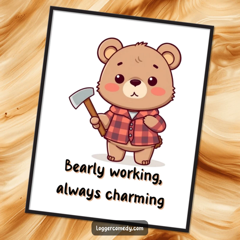 Funny free printable wall art: Cute bear wearing plaid and holding an axe, exuding rugged charm and character.