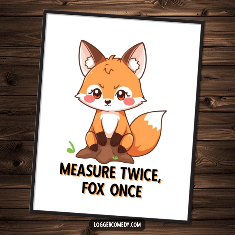 Funny Free Printable Wall Art: Kawaii fox with a determined look measuring a tree trunk, exuding cleverness.