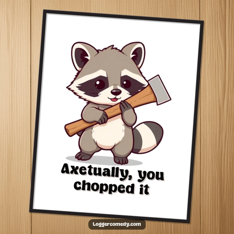 Funny Free Printable Wall Art: Kawaii raccoon playfully swinging a large axe with a mischievous, adventurous spirit.