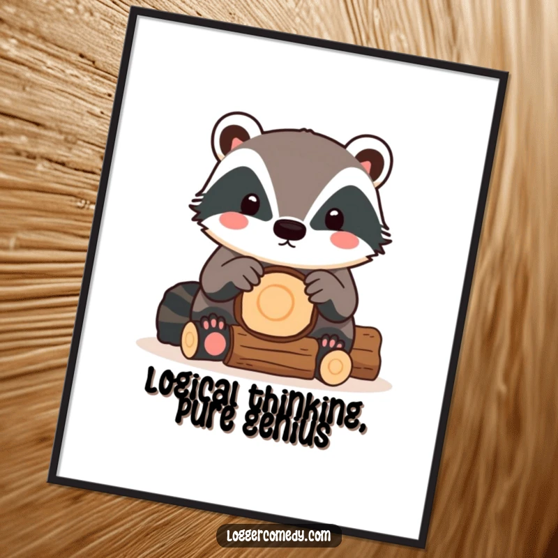 Funny Free Printable Wall Art depicting a kawaii badger meticulously stacking logs, adding a touch of woodland humor.