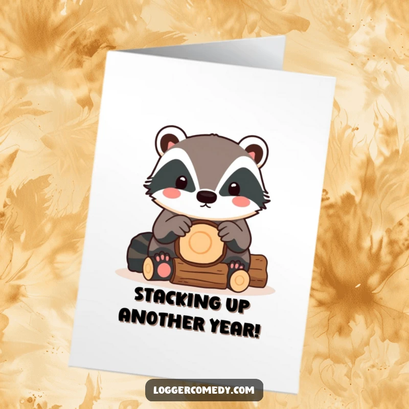 Funny Free Printable Birthday Card featuring a kawaii badger meticulously stacking logs, ready for a birthday celebration.