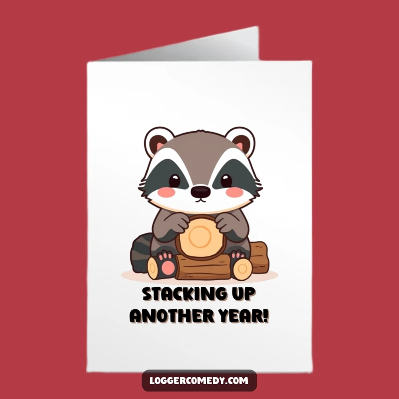 Free Printable Birthday Card: Funny Kawaii Badger Stacking Logs, Hilarious Downloadable Gift
