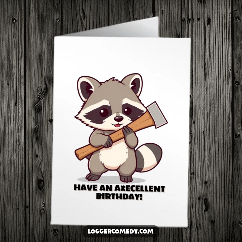 Funny Free Printable Birthday Card: Kawaii raccoon playfully swinging a large axe with a mischievous, happy expression.