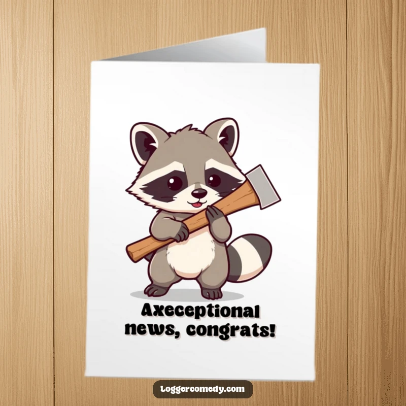 Funny Free Printable Congrats Card: Kawaii raccoon playfully swinging a large axe, celebrating their amazing achievement.