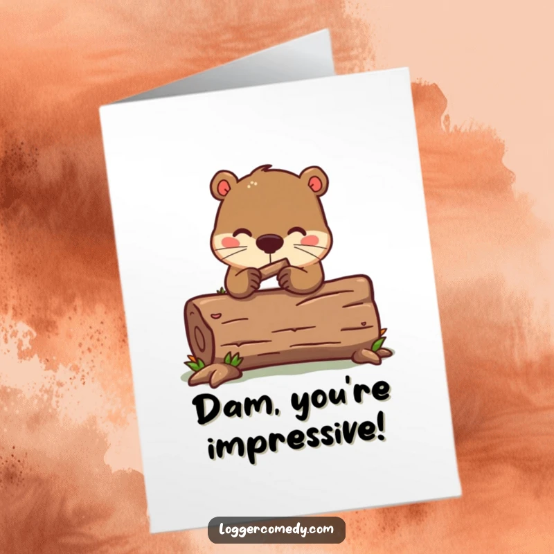 Funny free printable congratulations card: Kawaii beaver diligently gnawing on a log, symbolizing hard work and achievement.