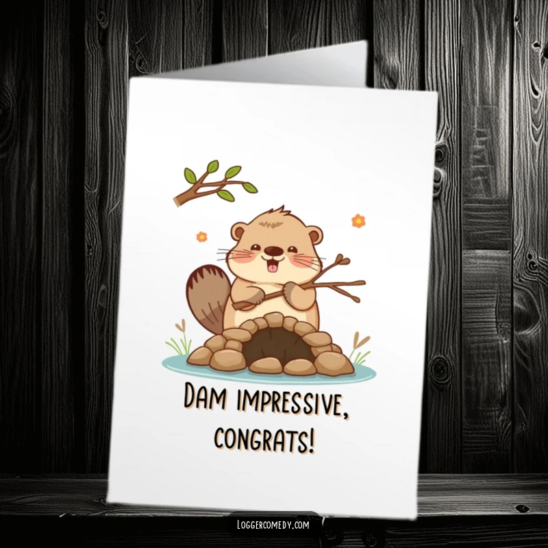 Funny Free Printable Congrats Card: Kawaii beaver enthusiastically building a small dam with twigs, celebrating success.