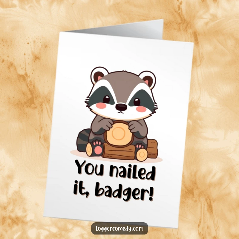 Funny Free Printable Congratulations Card showing a kawaii badger carefully stacking logs, celebrating a big win.