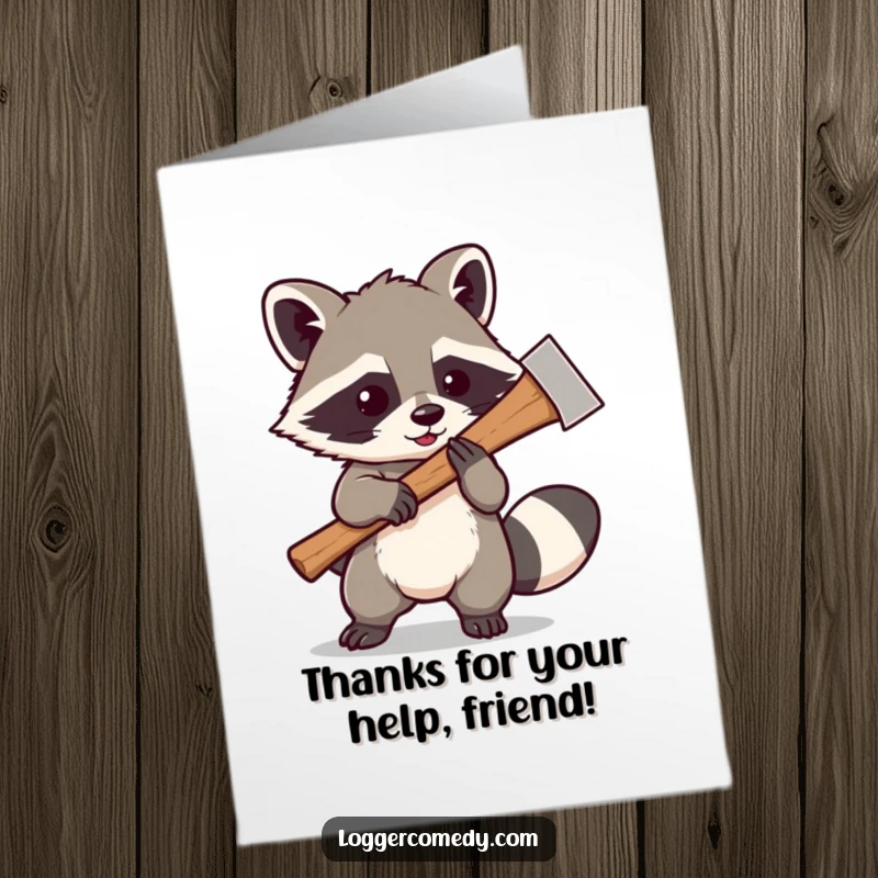 Funny Free Printable Thank You Card: Kawaii raccoon playfully swinging a large axe, sending thanks with a grin.
