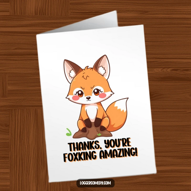 Funny Free Printable Thank You Card: Kawaii fox with a determined look measuring a tree trunk, sending thanks.