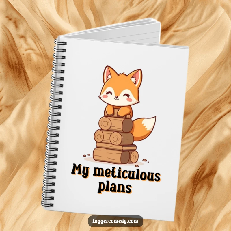Funny adorable fox notebook, humorously stacking logs neatly, ideal for jotting down plans and funny ideas.